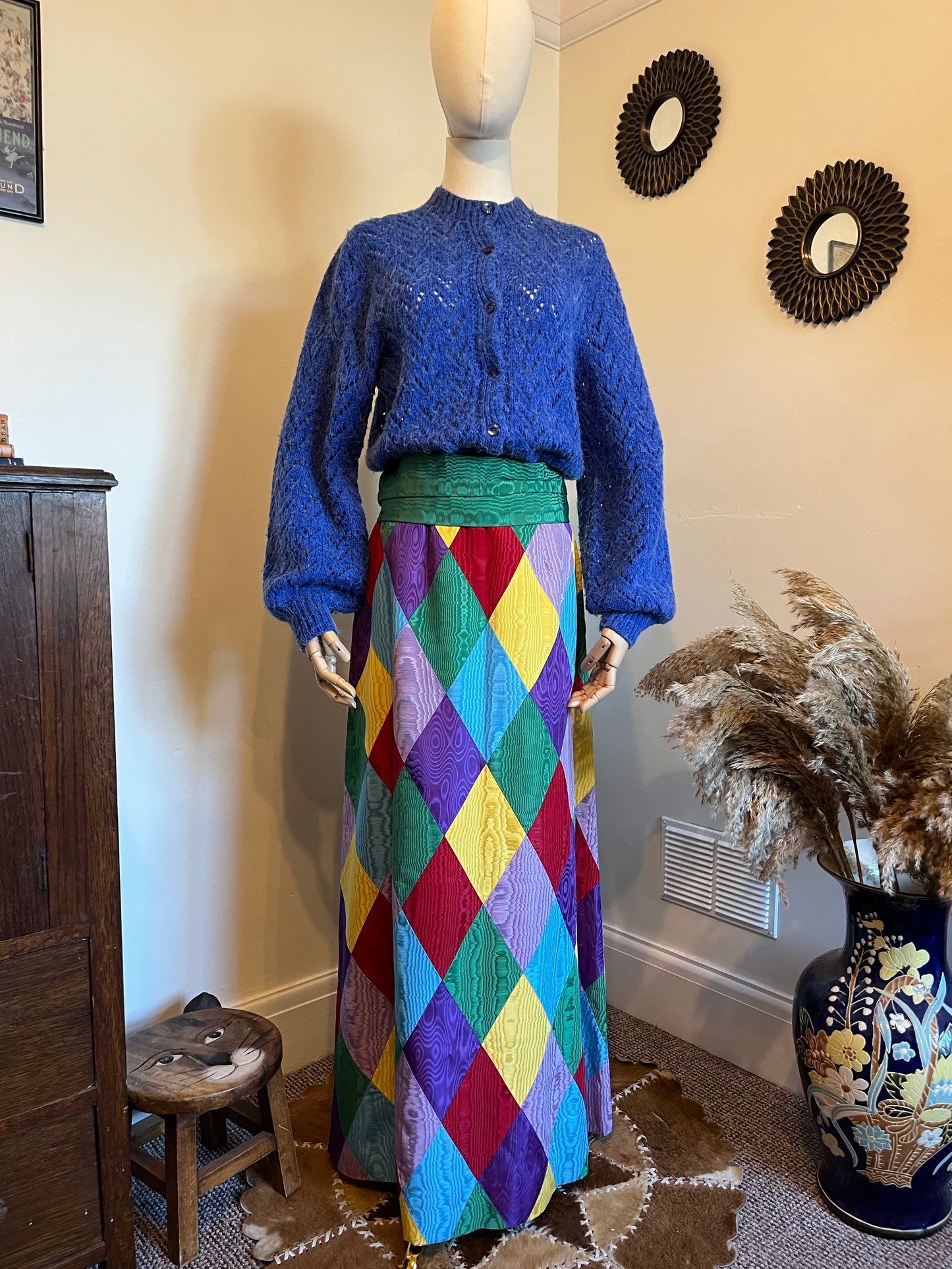 Vintage 1970s Hand Made Harlequin Taffeta Maxi Skirt