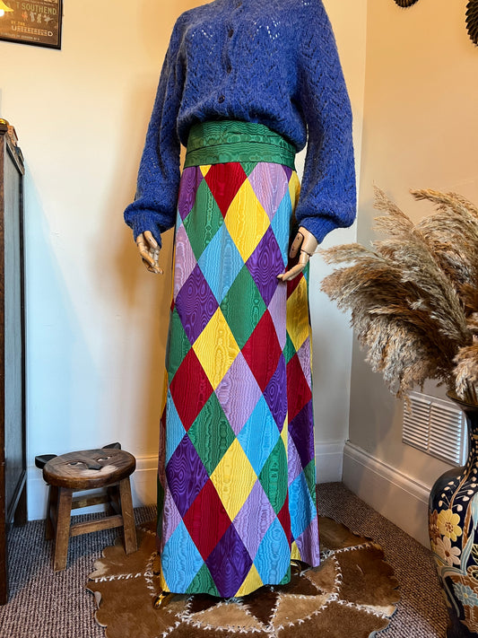 Vintage 1970s Hand Made Harlequin Taffeta Maxi Skirt