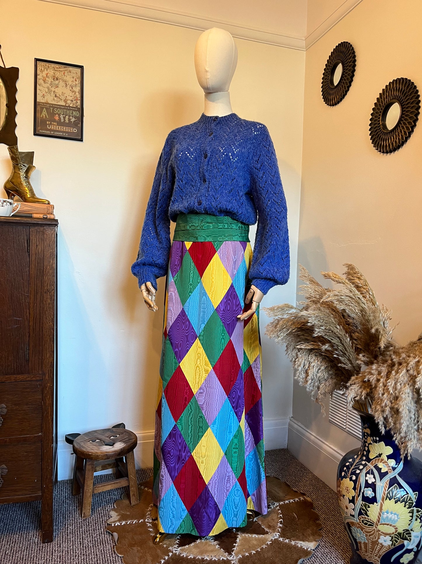 Vintage 1970s Hand Made Harlequin Taffeta Maxi Skirt