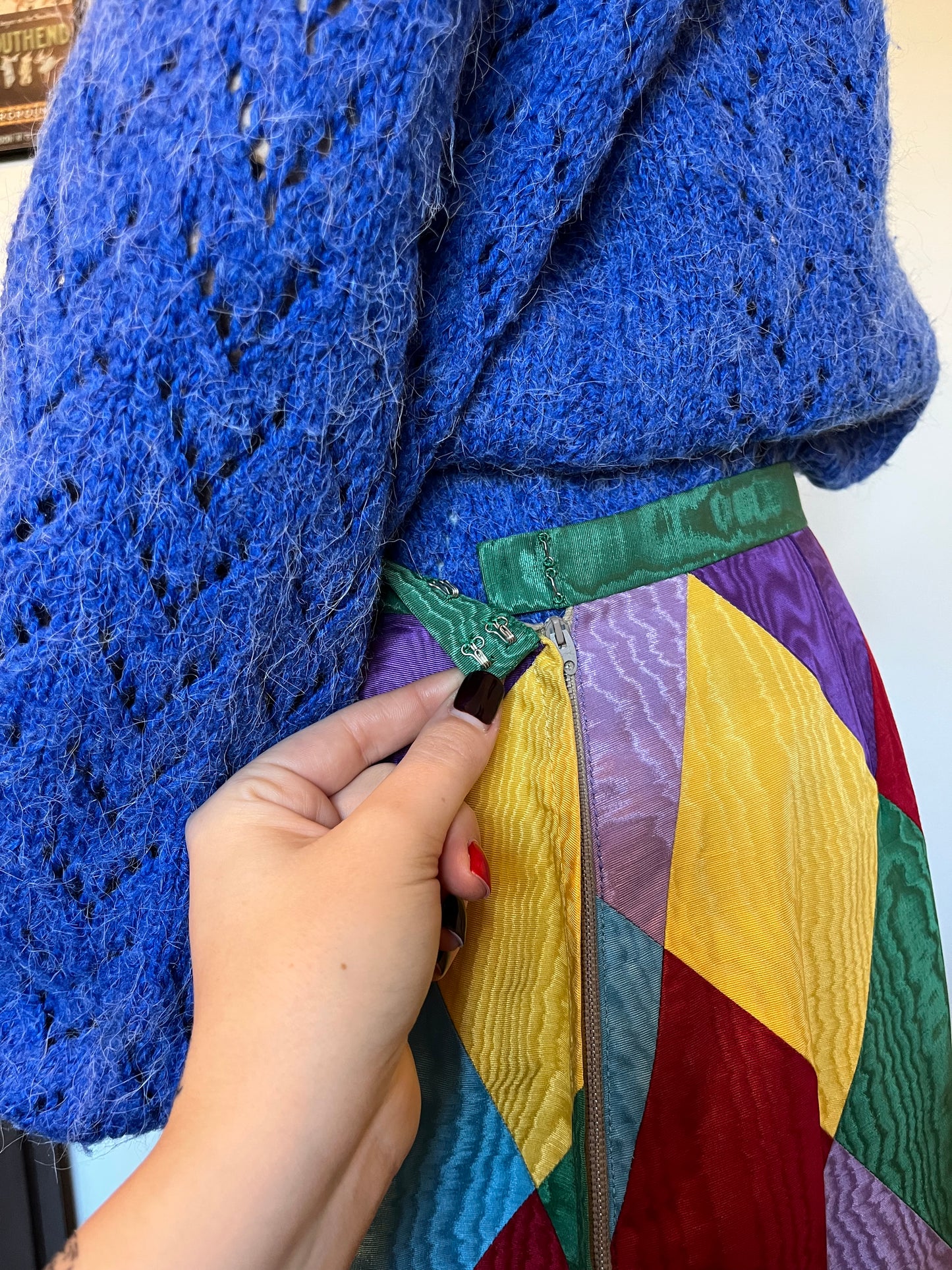 Vintage 1970s Hand Made Harlequin Taffeta Maxi Skirt