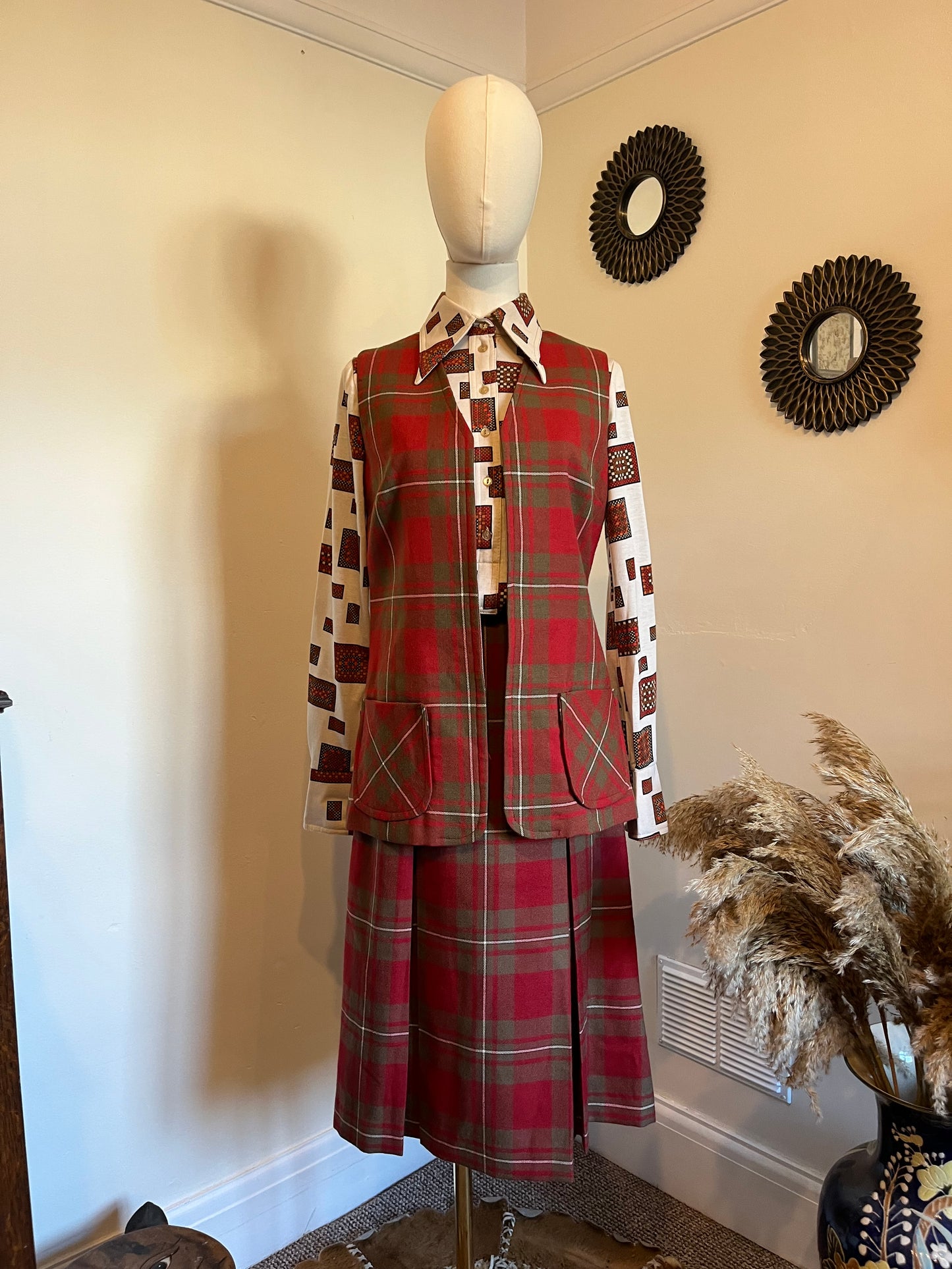 Vintage 1970s Wool Plaid Waistcoat & Skirt Set
