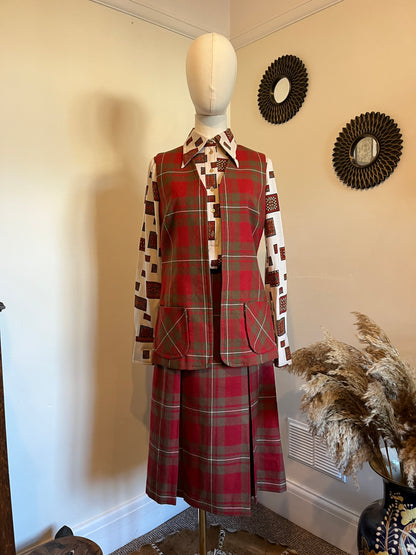 Vintage 1970s Wool Plaid Waistcoat & Skirt Set