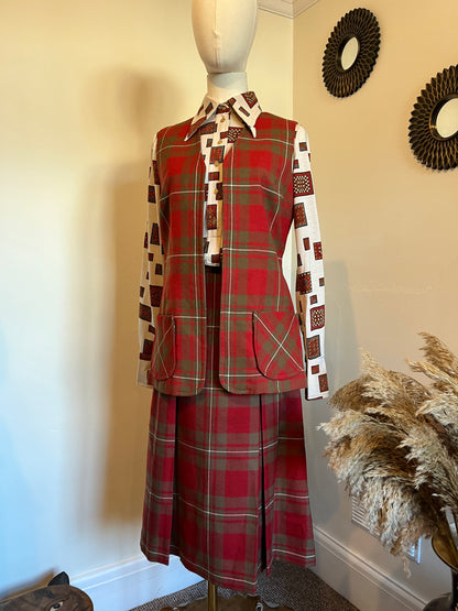 Vintage 1970s Wool Plaid Waistcoat & Skirt Set