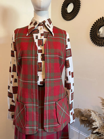 Vintage 1970s Wool Plaid Waistcoat & Skirt Set