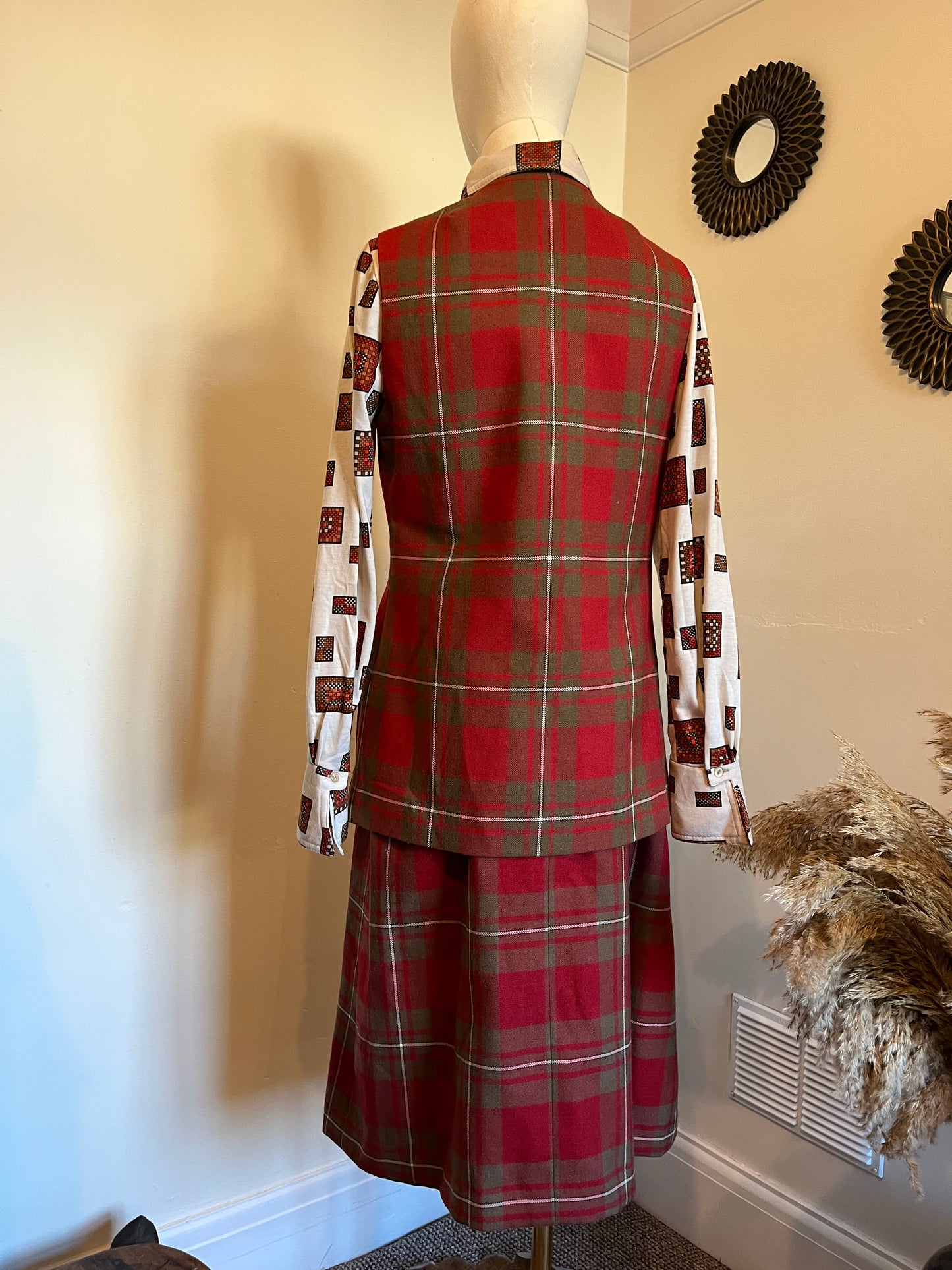 Vintage 1970s Wool Plaid Waistcoat & Skirt Set