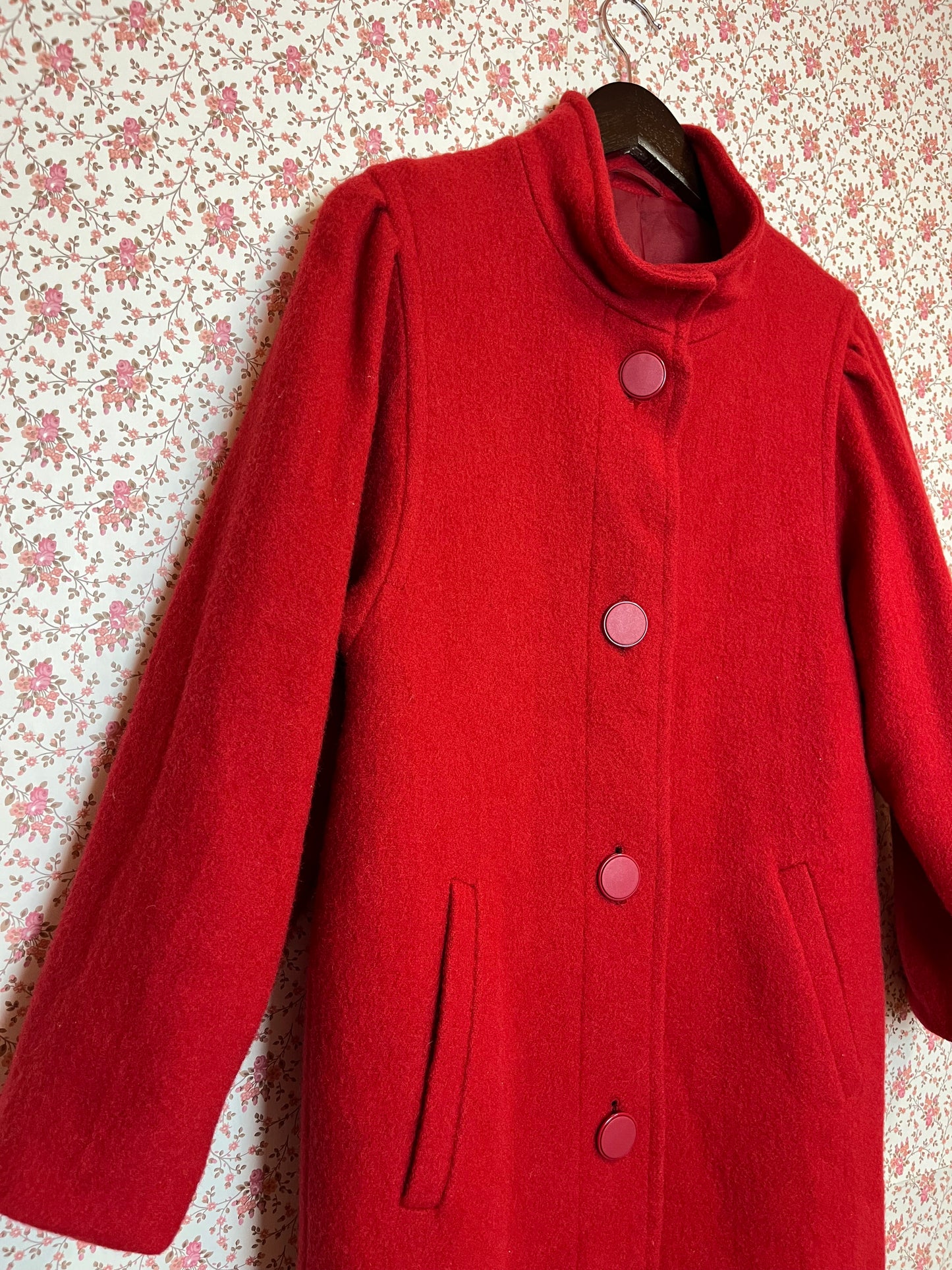 Vintage 1980s Funnel Neck Red Wool Coat