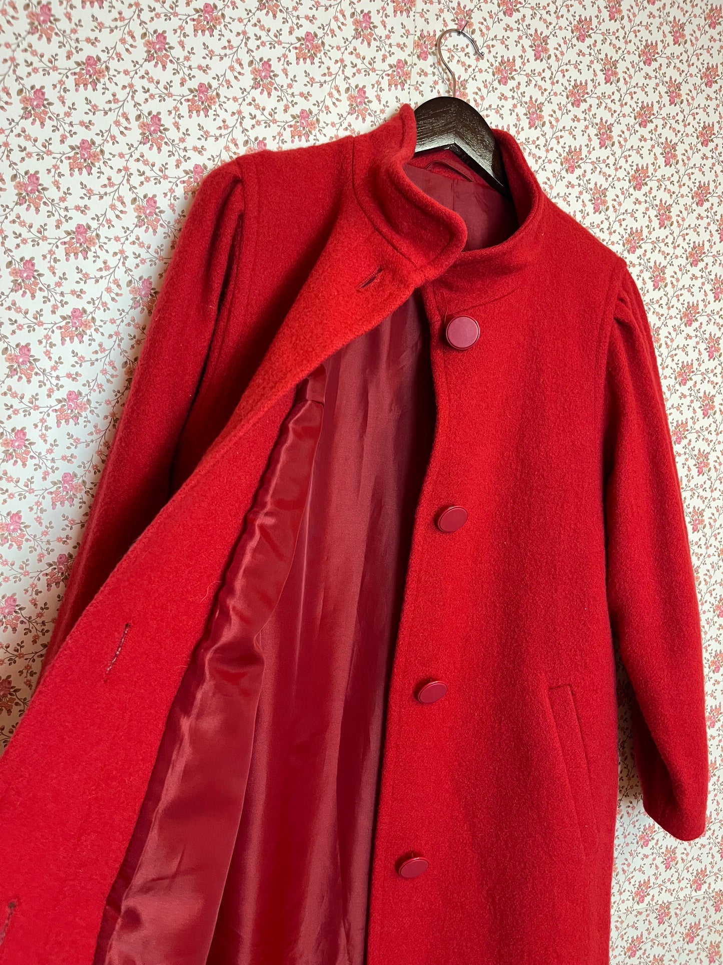 Vintage 1980s Funnel Neck Red Wool Coat