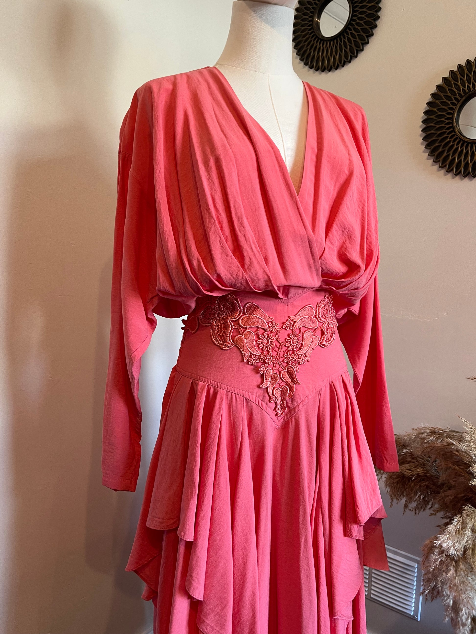 vintage waterfall dress Vintage 1980s Coral Pink V Neck Waterfall Dress – Lourose Vintage