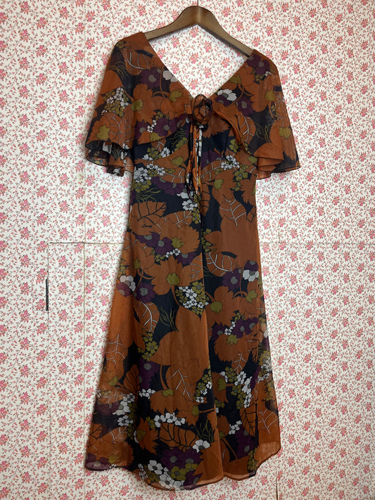 Vintage 1970s Carnegie Floral Print V Neck Midi Dress in Black & Brown