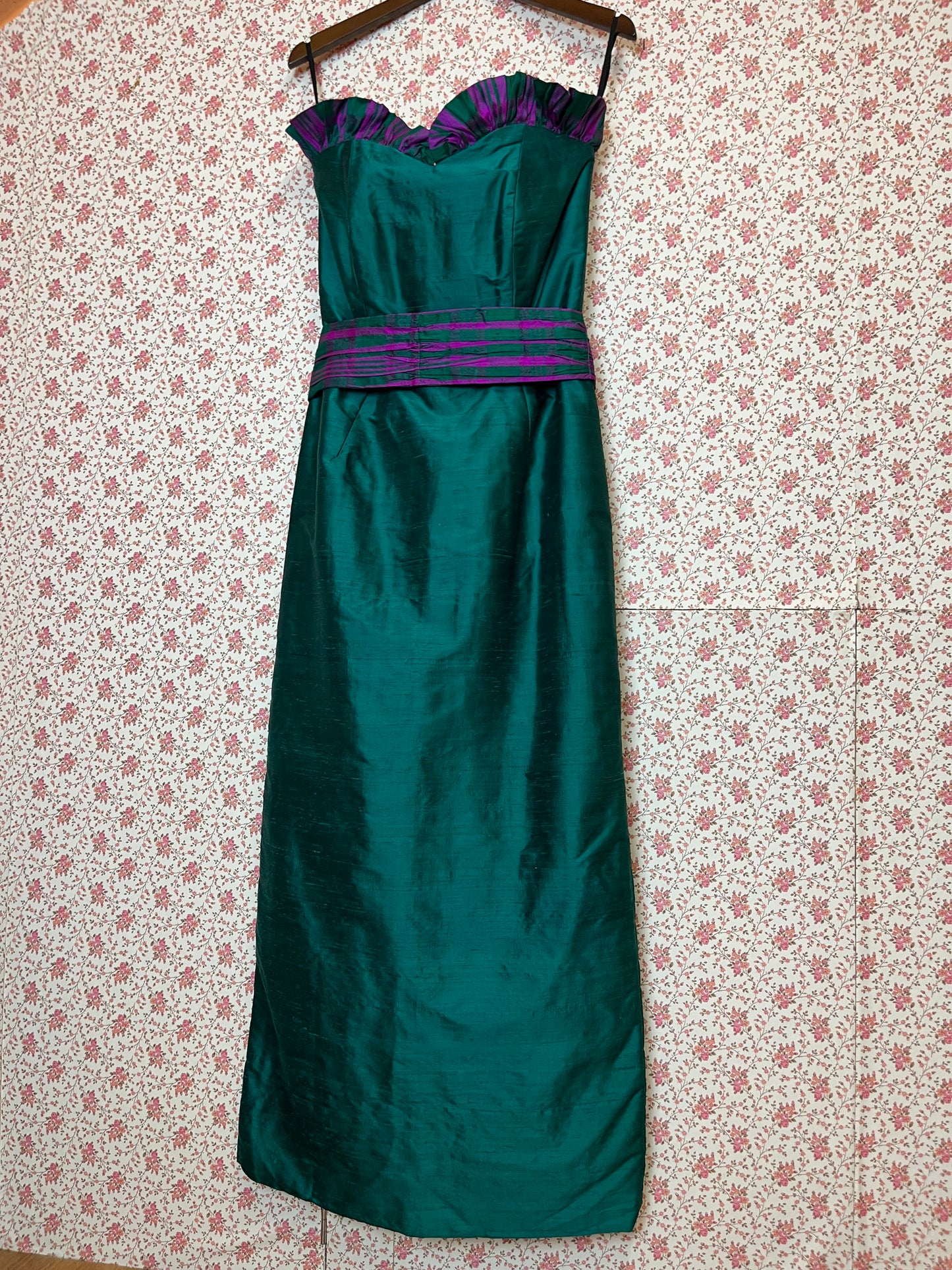 Vintage 1970s Strapless Ruffled Silk Bodycon Maxi Dress