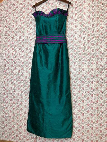 Vintage 1970s Strapless Ruffled Silk Bodycon Maxi Dress