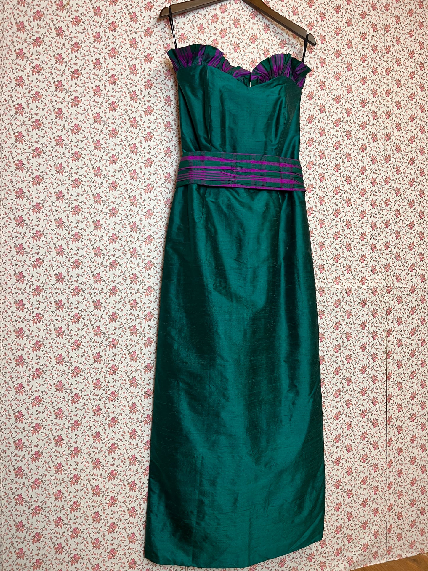 Vintage 1970s Strapless Ruffled Silk Bodycon Maxi Dress