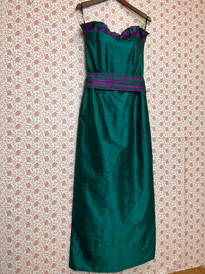 Vintage 1970s Strapless Ruffled Silk Bodycon Maxi Dress