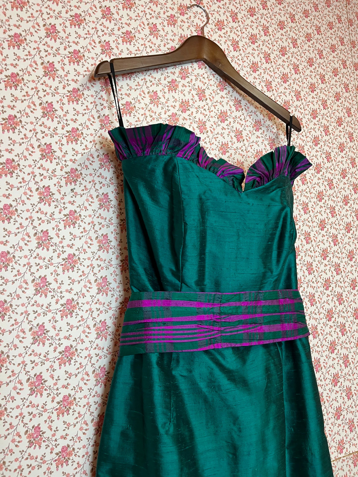 Vintage 1970s Strapless Ruffled Silk Bodycon Maxi Dress