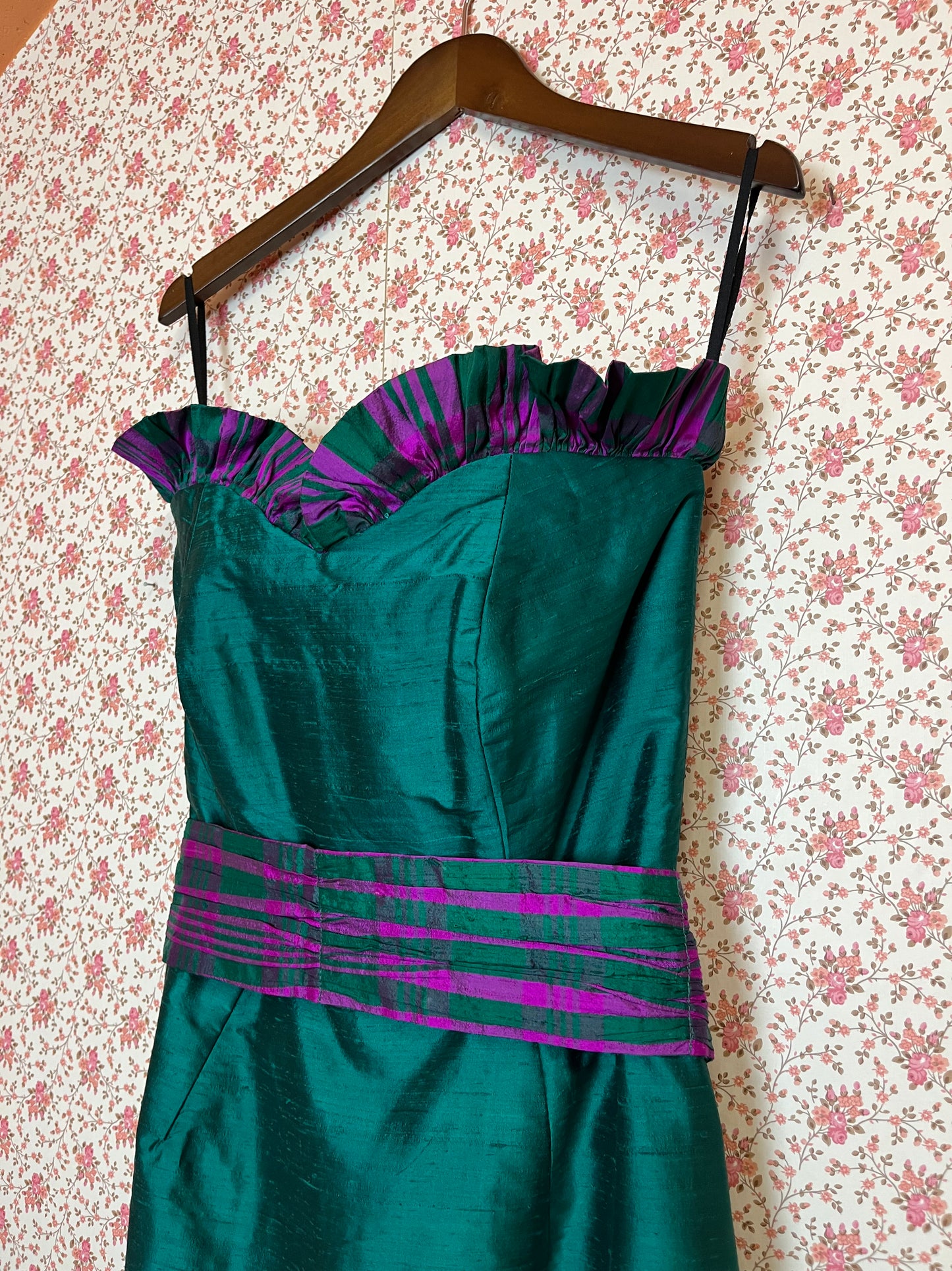 Vintage 1970s Strapless Ruffled Silk Bodycon Maxi Dress