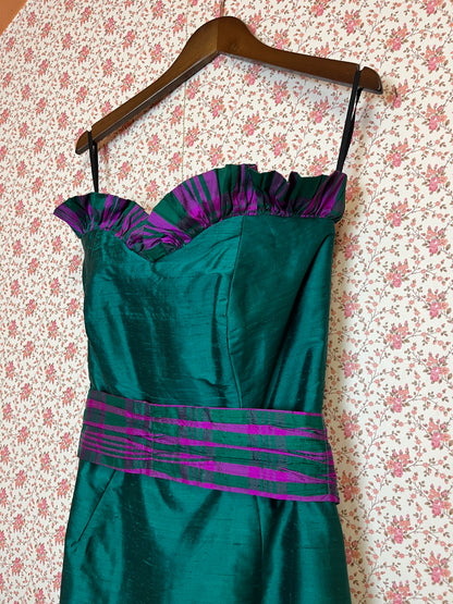 Vintage 1970s Strapless Ruffled Silk Bodycon Maxi Dress