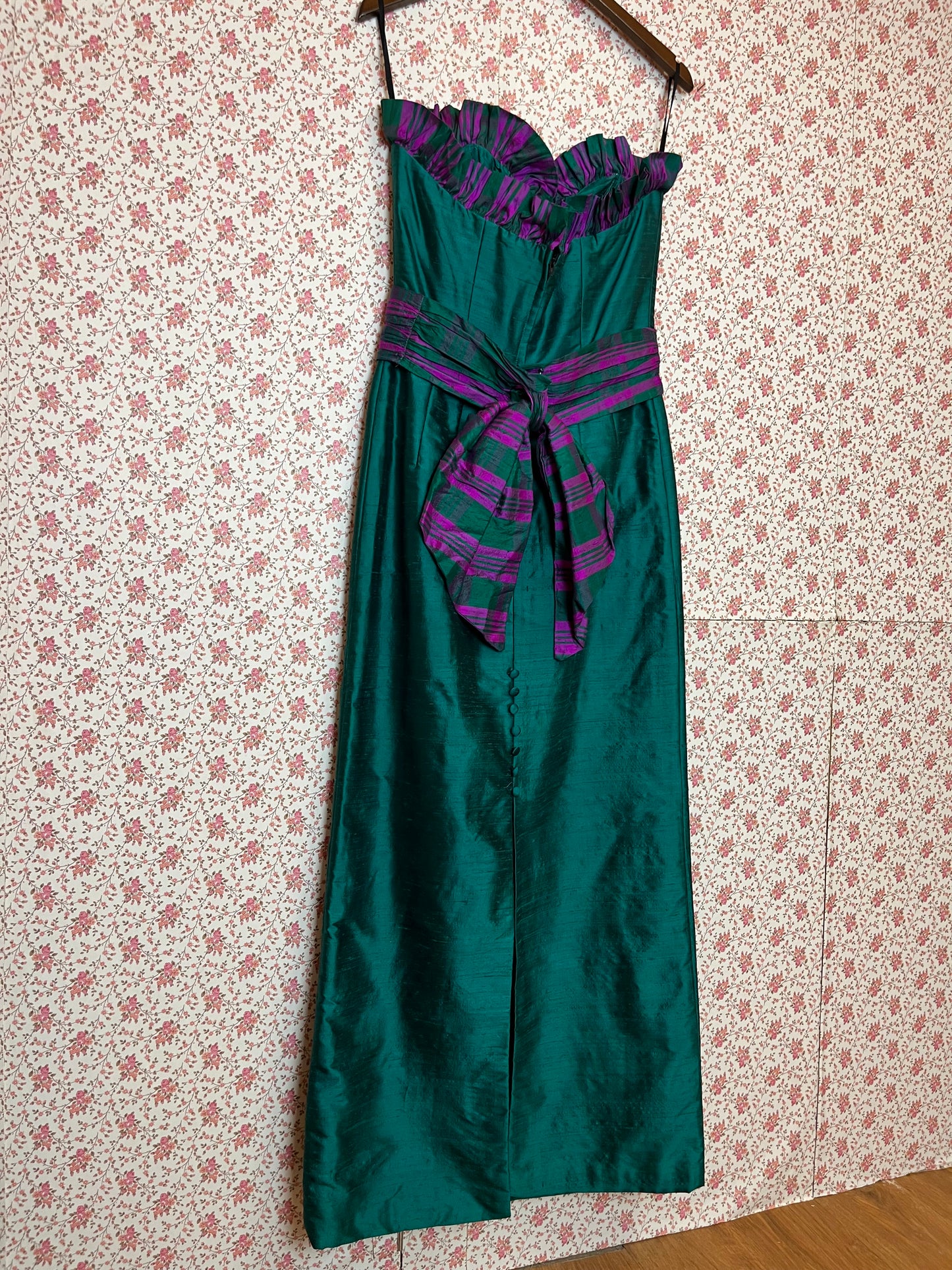 Vintage 1970s Strapless Ruffled Silk Bodycon Maxi Dress