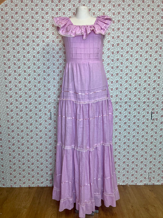 Vintage 1950s Pink Cotton Bardot Tiered Maxi Dress