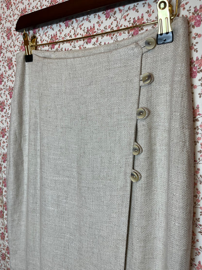 Vintage 1980s Fine Woven Wrap Midi Skirt with Buttons