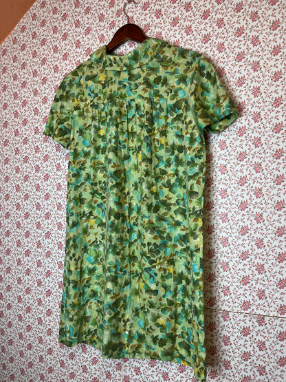 Vintage 1960s Hand Made Floral Smock Dress in Pastel Green & Blue