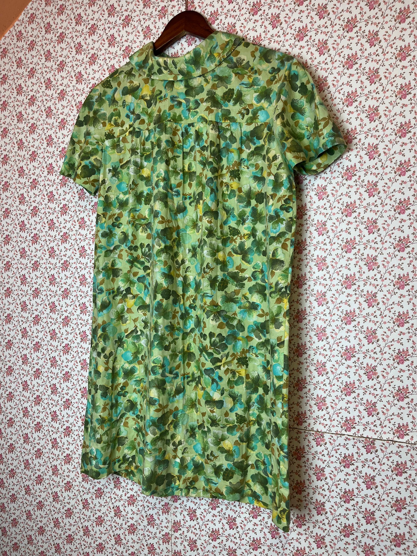 Vintage 1960s Hand Made Floral Smock Dress in Pastel Green & Blue