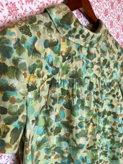 Vintage 1960s Hand Made Floral Smock Dress in Pastel Green & Blue