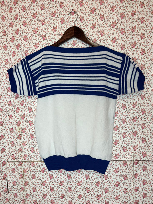 Vintage 1960s White & Blue Striped Towelling T-Shirt