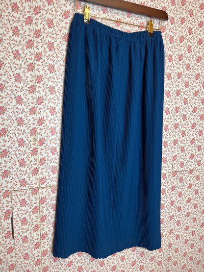 Vintage 1980s Plisse Crinkle Textured Navy Blue Midi Skirt