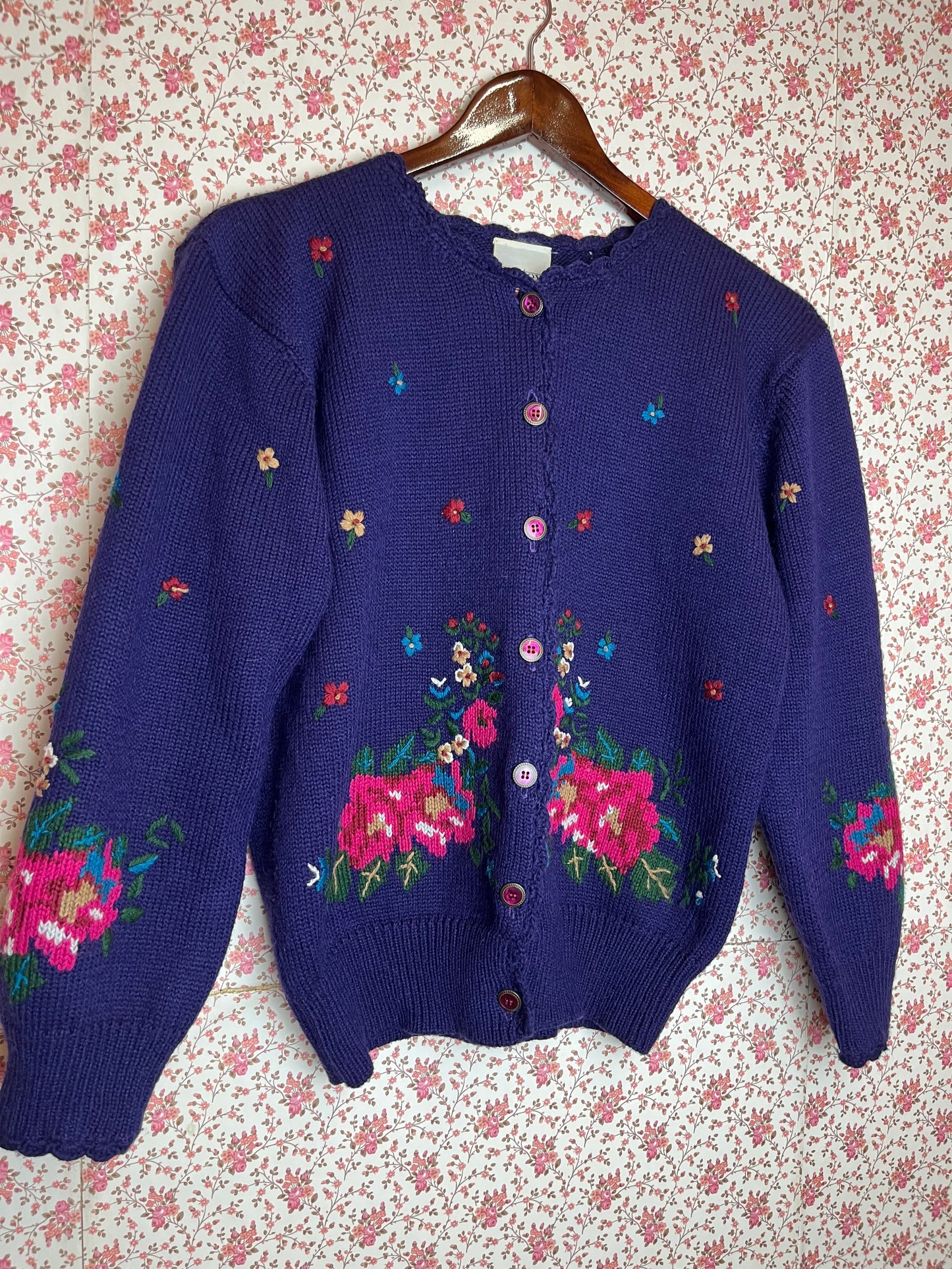 Vintage 1980s Wool Blend Floral Embroidered Knitted Purple Cardigan