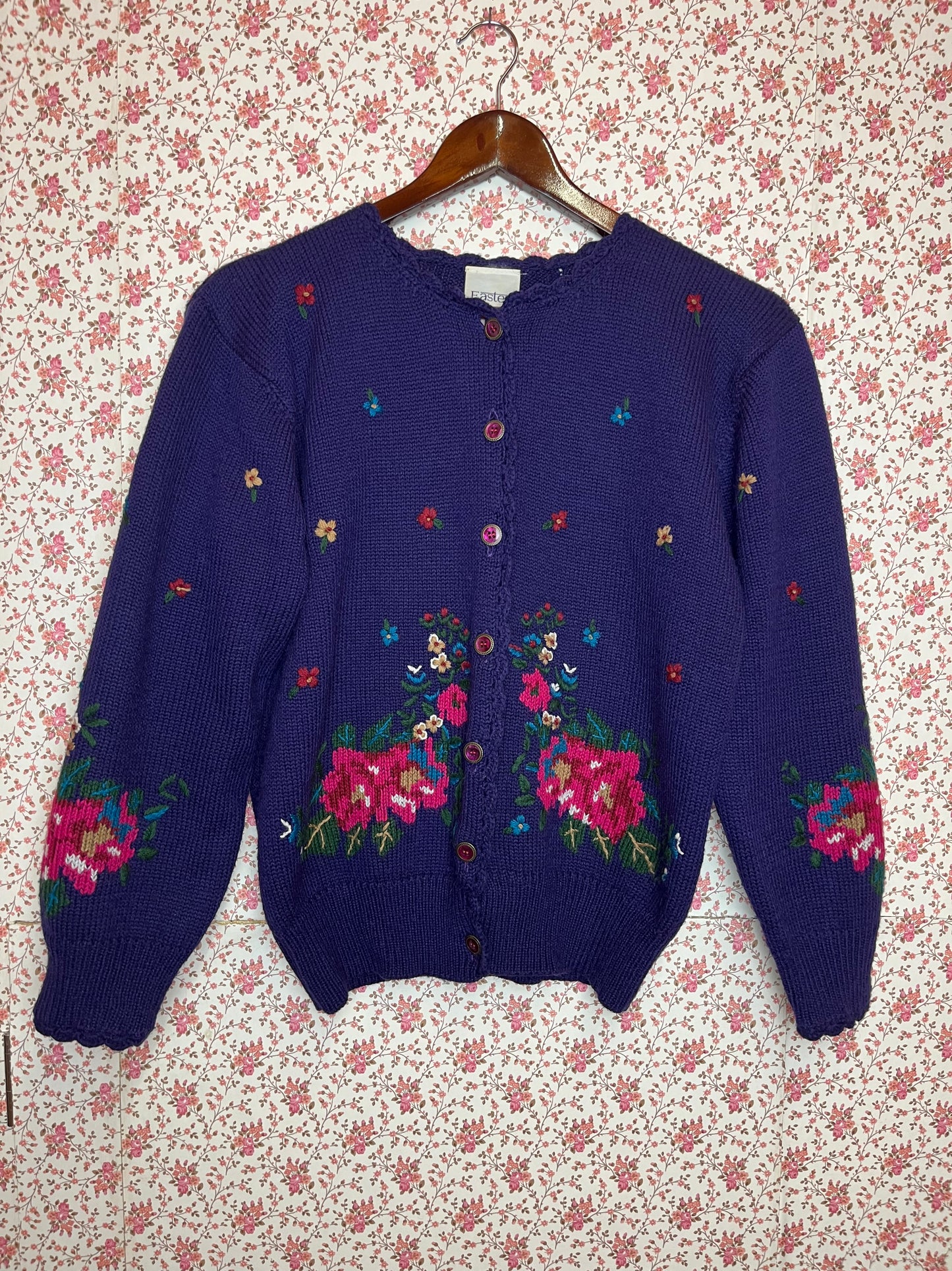 Vintage 1980s Wool Blend Floral Embroidered Knitted Purple Cardigan