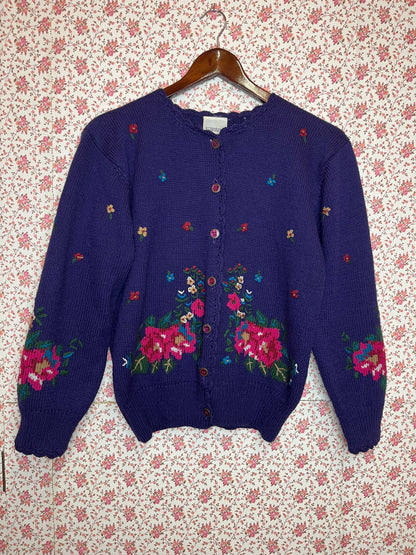 Vintage 1980s Wool Blend Floral Embroidered Knitted Purple Cardigan