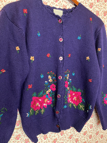 Vintage 1980s Wool Blend Floral Embroidered Knitted Purple Cardigan