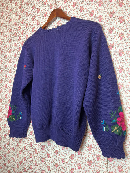 Vintage 1980s Wool Blend Floral Embroidered Knitted Purple Cardigan