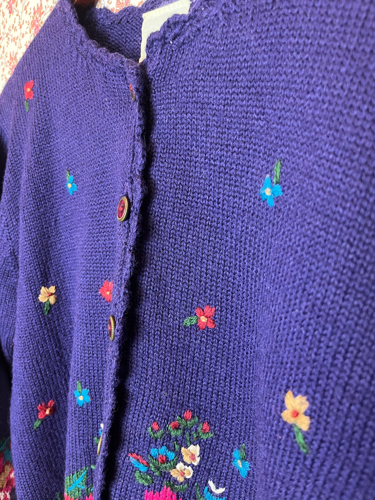 Vintage 1980s Wool Blend Floral Embroidered Knitted Purple Cardigan