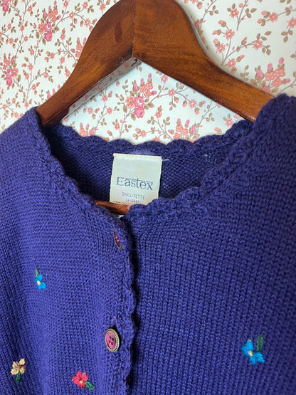 Vintage 1980s Wool Blend Floral Embroidered Knitted Purple Cardigan