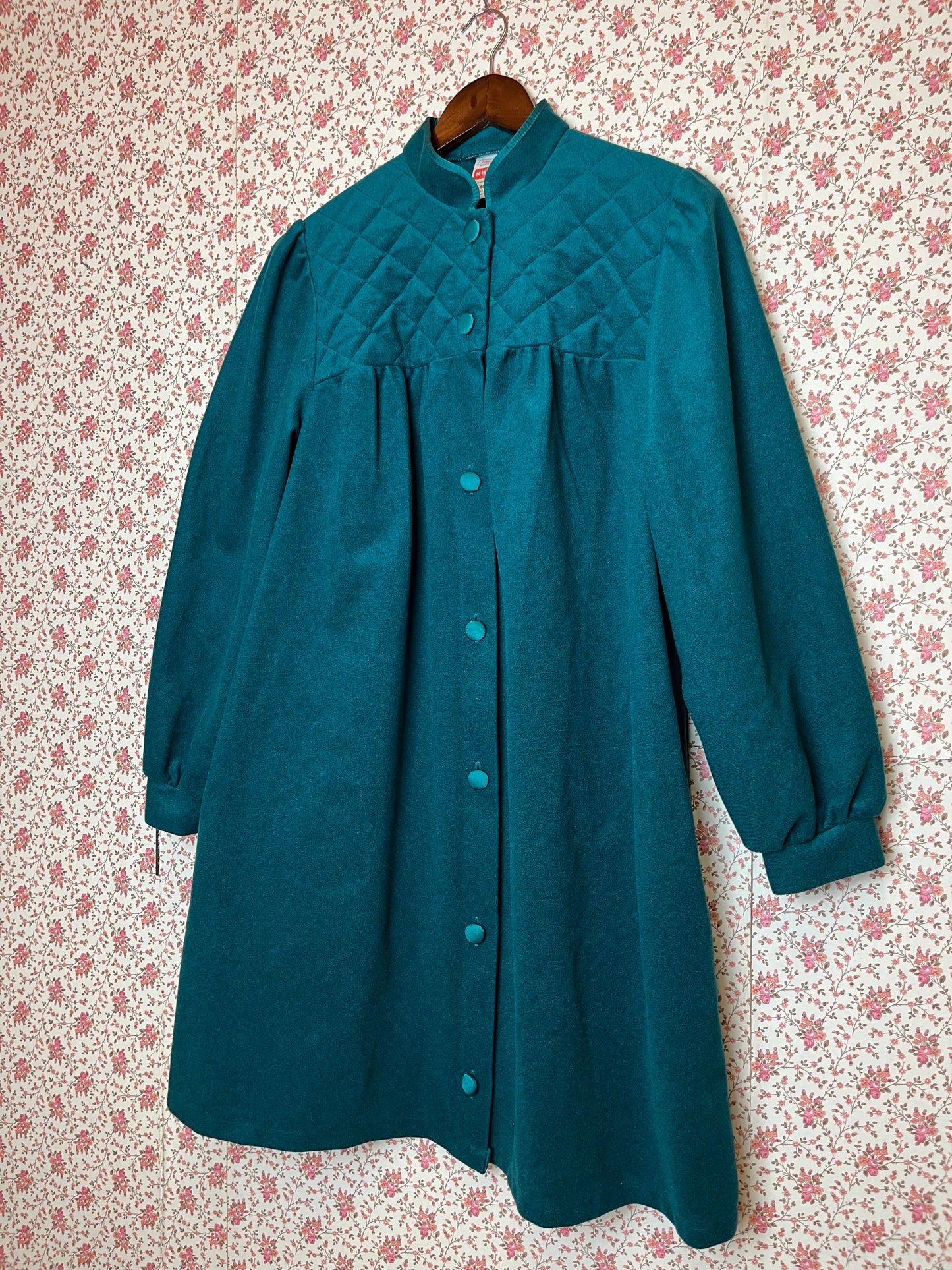 Vintage 1970s Teal Felt Long Sleeved Smock Dress