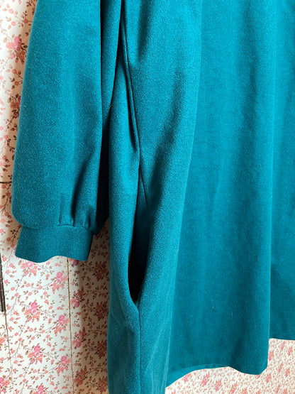 Vintage 1970s Teal Felt Long Sleeved Smock Dress