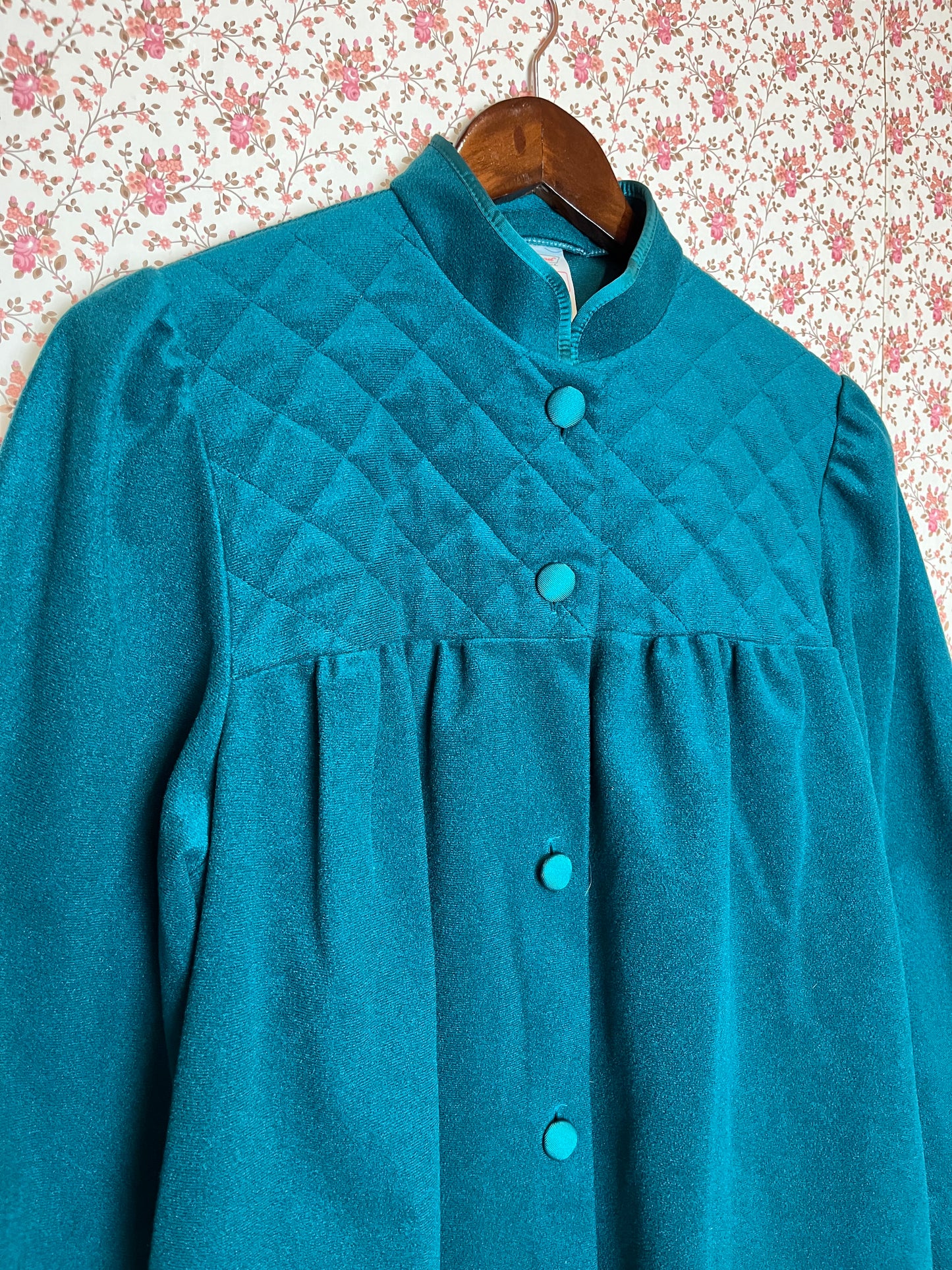 Vintage 1970s Teal Felt Long Sleeved Smock Dress