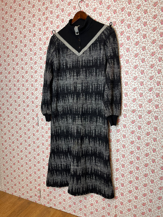 Vintage 1980s Grey and Black Jersey Roll Neck Midi Jumper Dress