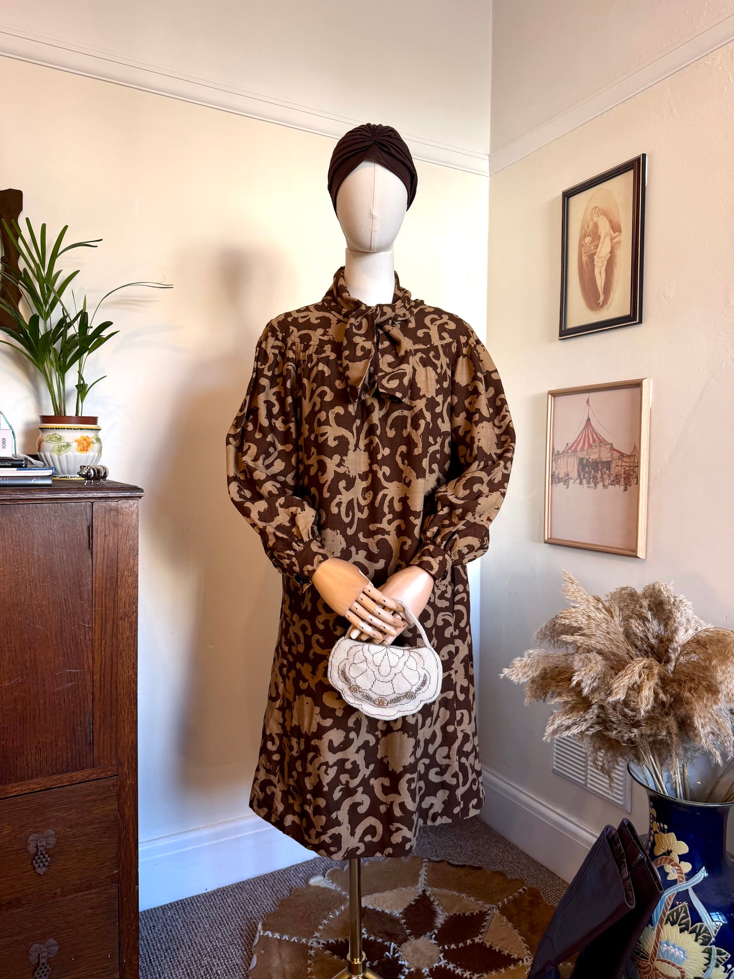Vintage 1970s Givenchy Wool Baroque Pattern Dress - Size Medium