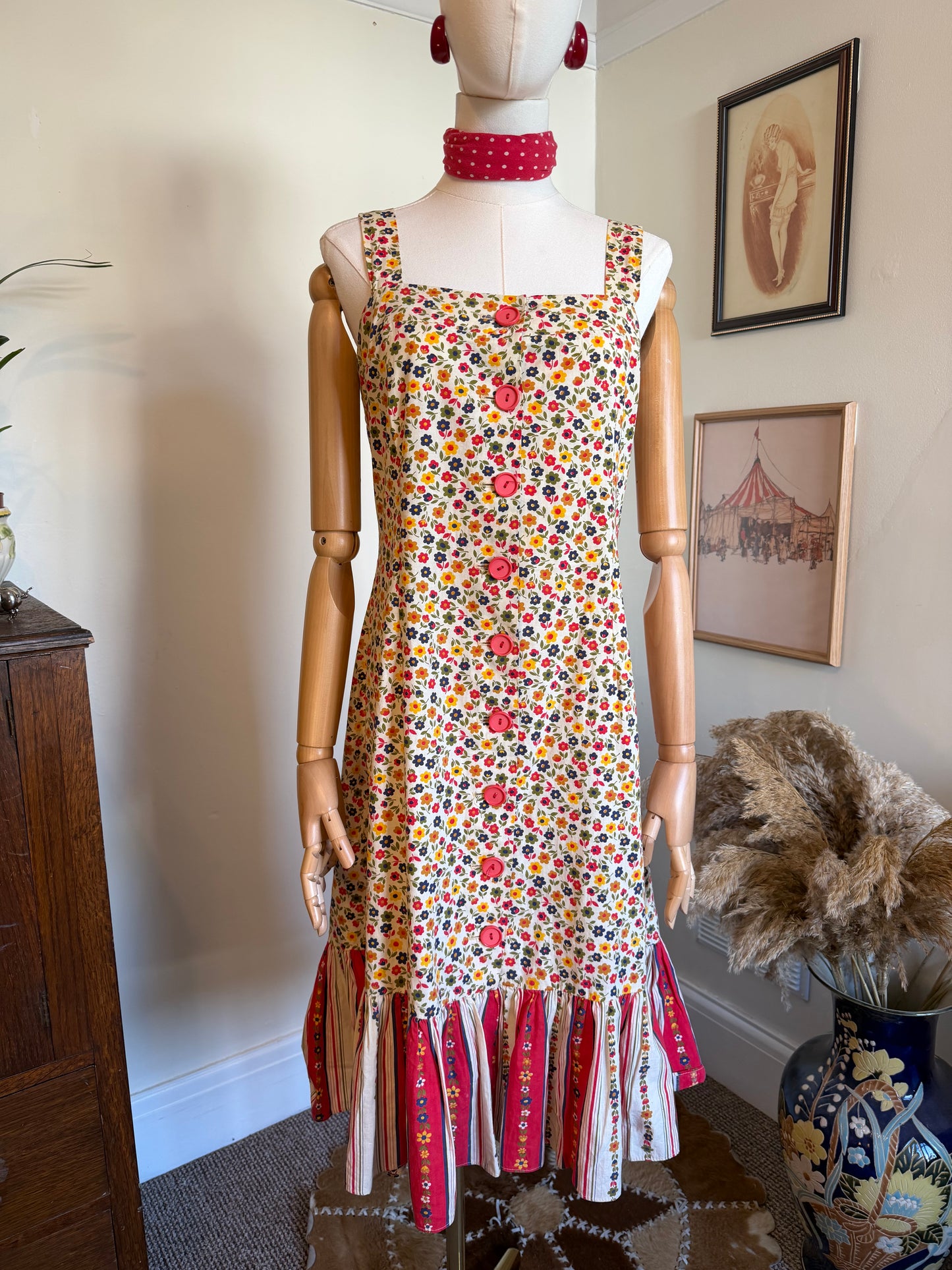 Vintage 1960s Floral Pattern Cotton Pinafore Dress - Size Medium