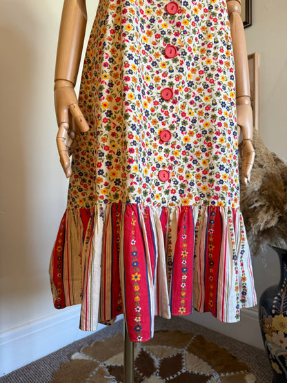 Vintage 1960s Floral Pattern Cotton Pinafore Dress - Size Medium