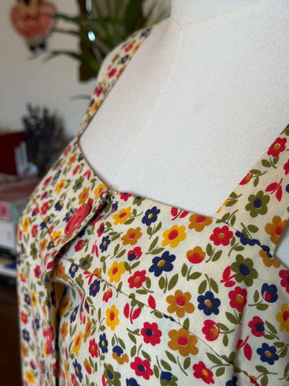 Vintage 1960s Floral Pattern Cotton Pinafore Dress - Size Medium