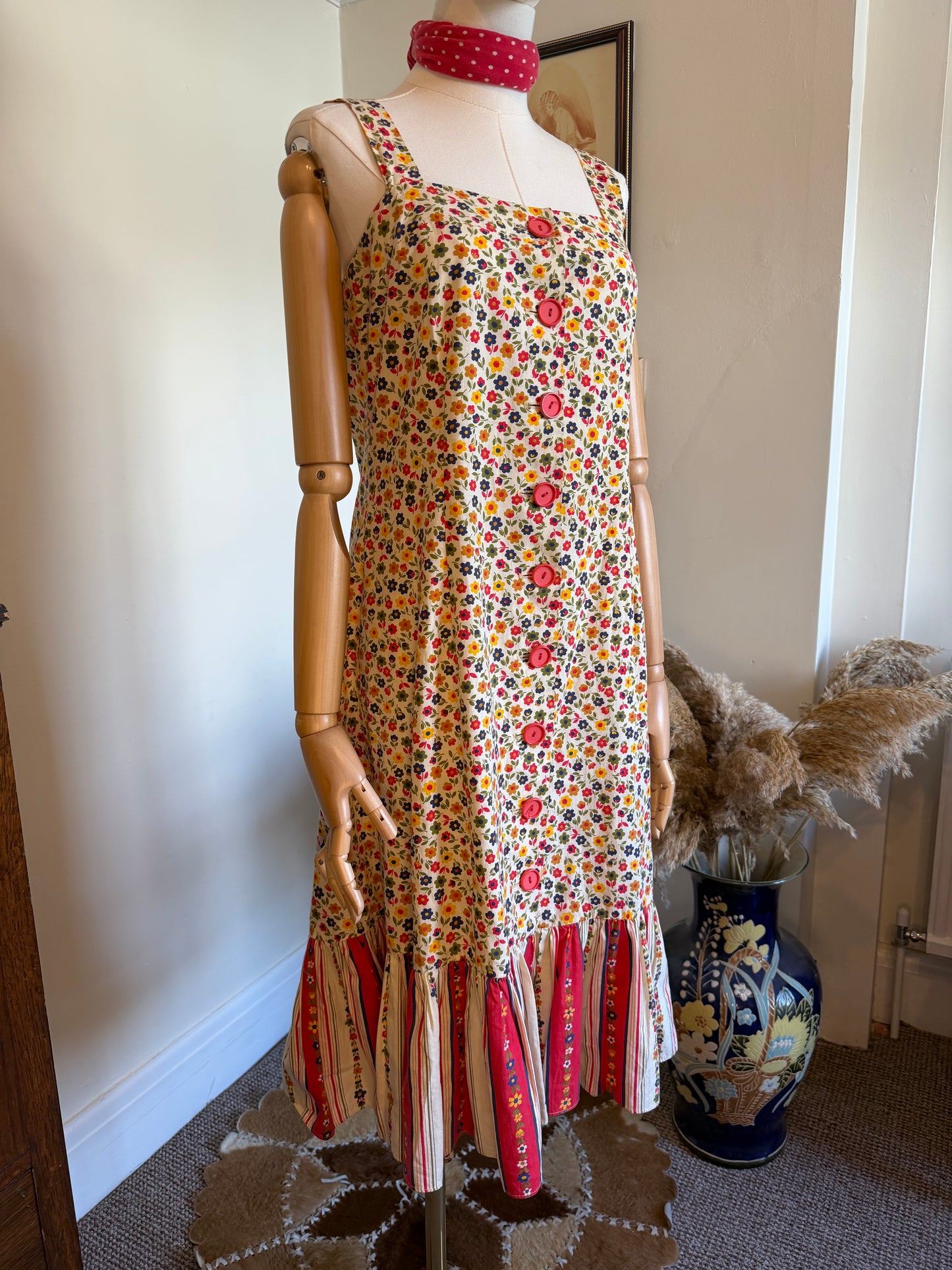 Vintage 1960s Floral Pattern Cotton Pinafore Dress - Size Medium