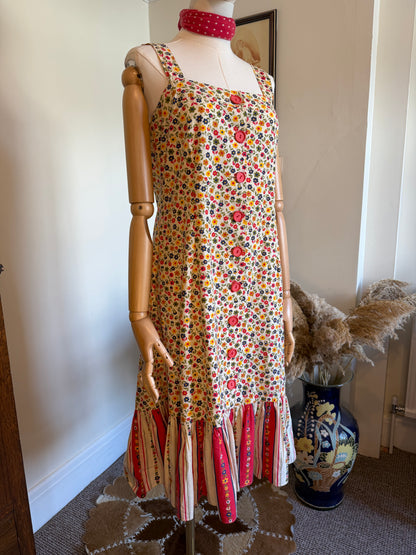 Vintage 1960s Floral Pattern Cotton Pinafore Dress - Size Medium