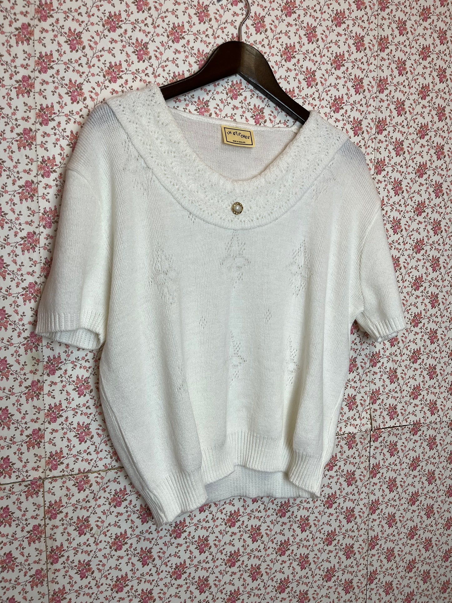 Vintage 1960s White Knitted Bertha Short Sleeve Jumper