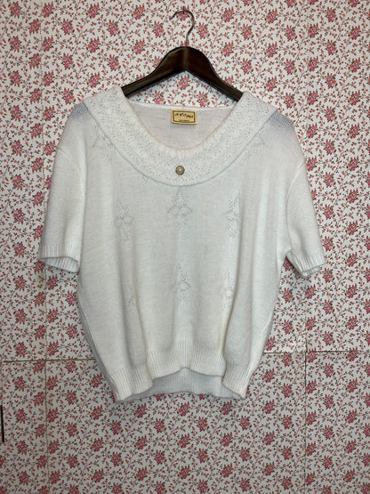 Vintage 1960s White Knitted Bertha Short Sleeve Jumper