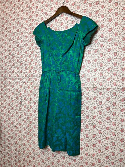 Vintage 1950s Hand Made Floral Brocade Blue & Green Bardot Mini Dress