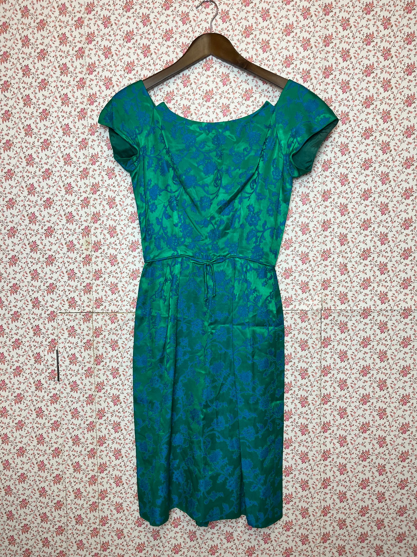 Vintage 1950s Hand Made Floral Brocade Blue & Green Bardot Mini Dress