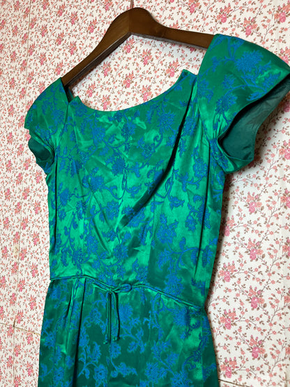 Vintage 1950s Hand Made Floral Brocade Blue & Green Bardot Mini Dress